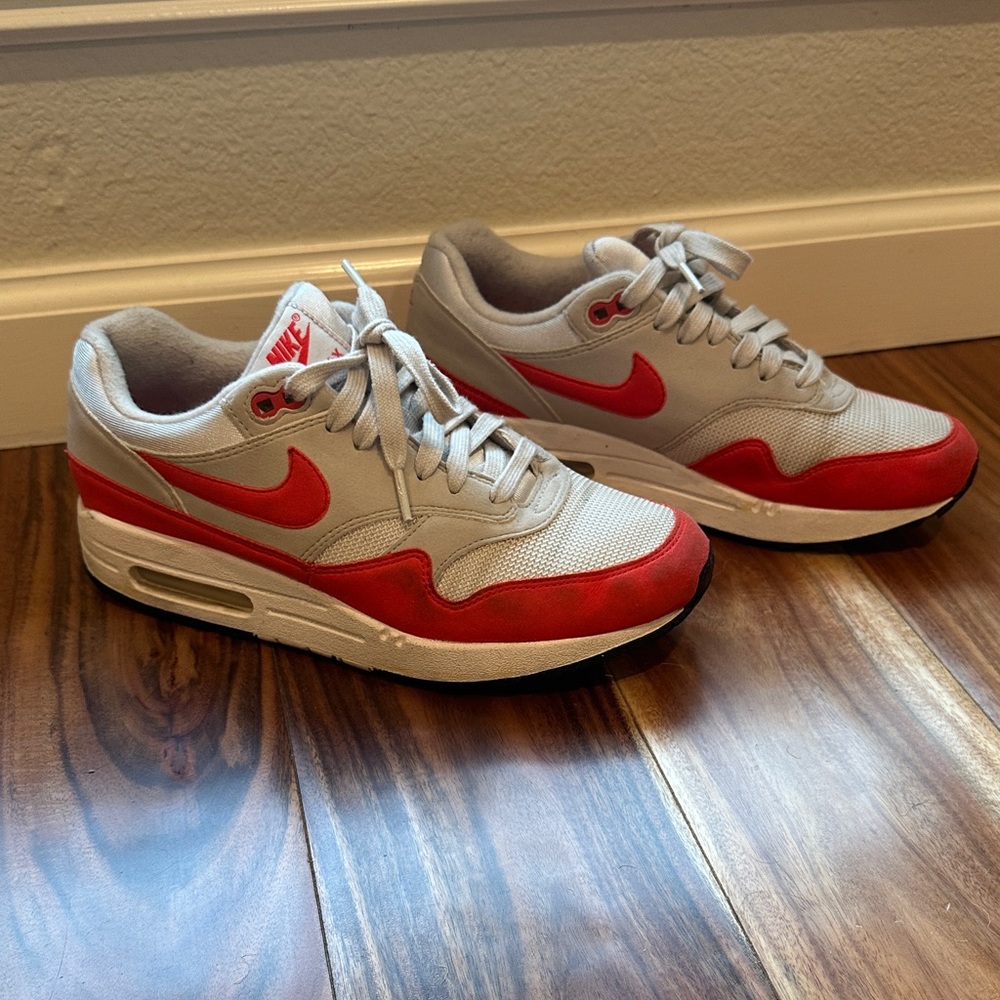 Nike Women’s Red and White Air Max 1 Sneakers